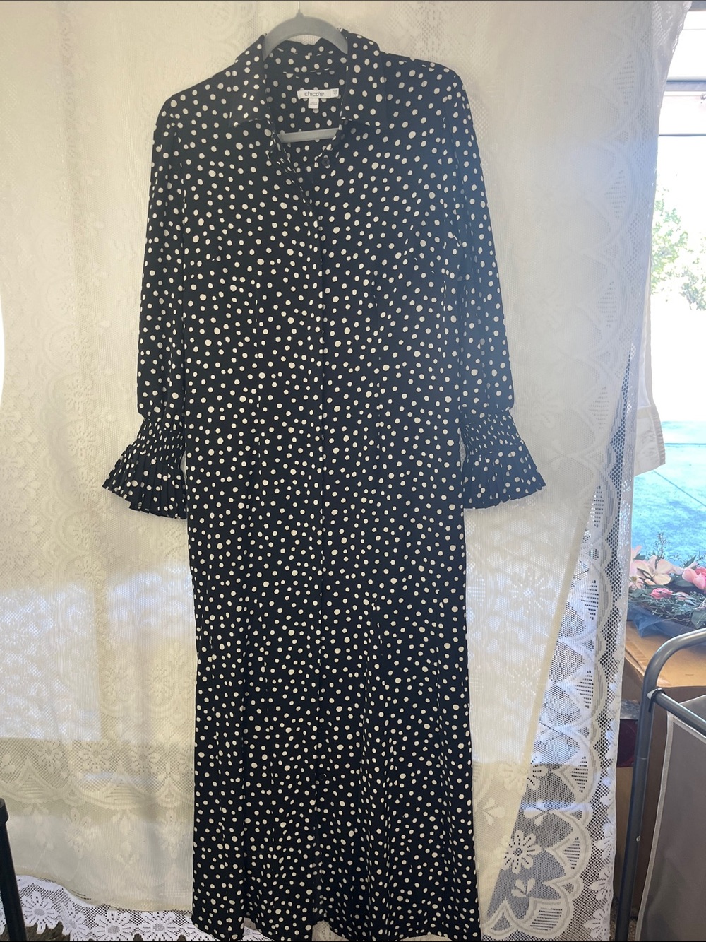 Chico's Black Maxi Dress with White Polka Dots .5 NWOT